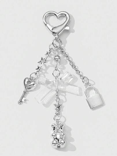 Kawaii 1 pieza Llavero/Dije de Oso de Peluche con Cadena de Estrella, Corazón y Candado de Resina Estilo Chic Y2K Versátil y de Alta Gama, Adecuado para Uso Diario de Mujeres/Niñas, Regalo para Fiestas