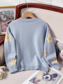 SHEIN 秋冬款女童花卉图案圆领长袖毛衣 - 霧霾藍 - 查看 2
