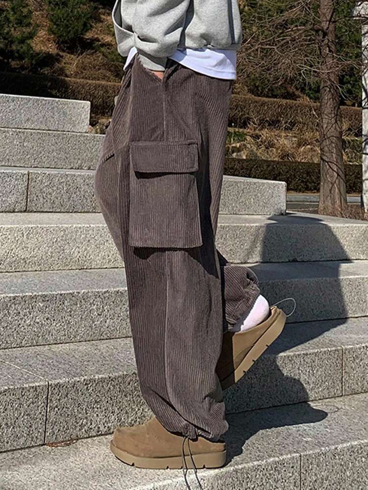 Men's Solid Brown Pants With Large Pockets, Autumn