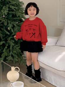 DAZY Young Girls Round Neck Knitted Printed Sweatshirt, Fall Clothes - Red - View 4