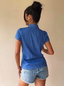 Siren Gaze Women's Denim Casual Fitted Short Sleeve Blouse, Blue Denim Button-Down Shirts, Spring/Autumn Summer Casual - Medium Wash - View 2