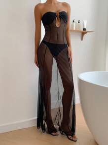 DAZY Cămașă de noapte lungă și sexy, din plasă neagră, cu model patchwork, transparentă, pentru femei