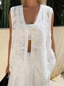 DAZY Débardeur rétro français pour femmes, top décontracté ample à col en V superposé de haute qualité, idéal pour les sorties, les vacances et les carnavals - Blanc - Voir 3