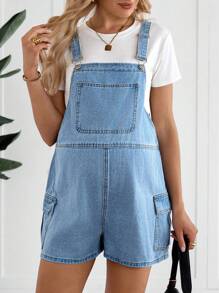 SHEIN Pregnant Women Casual Everyday Collegiate Utility Denim Jumpsuit - Blue - View 5