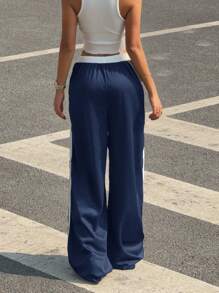 SHEIN EZwear 加大码女式数字印花抽绳腰阔腿宽松休闲裤，假日 - 藏蓝色 - 查看 2