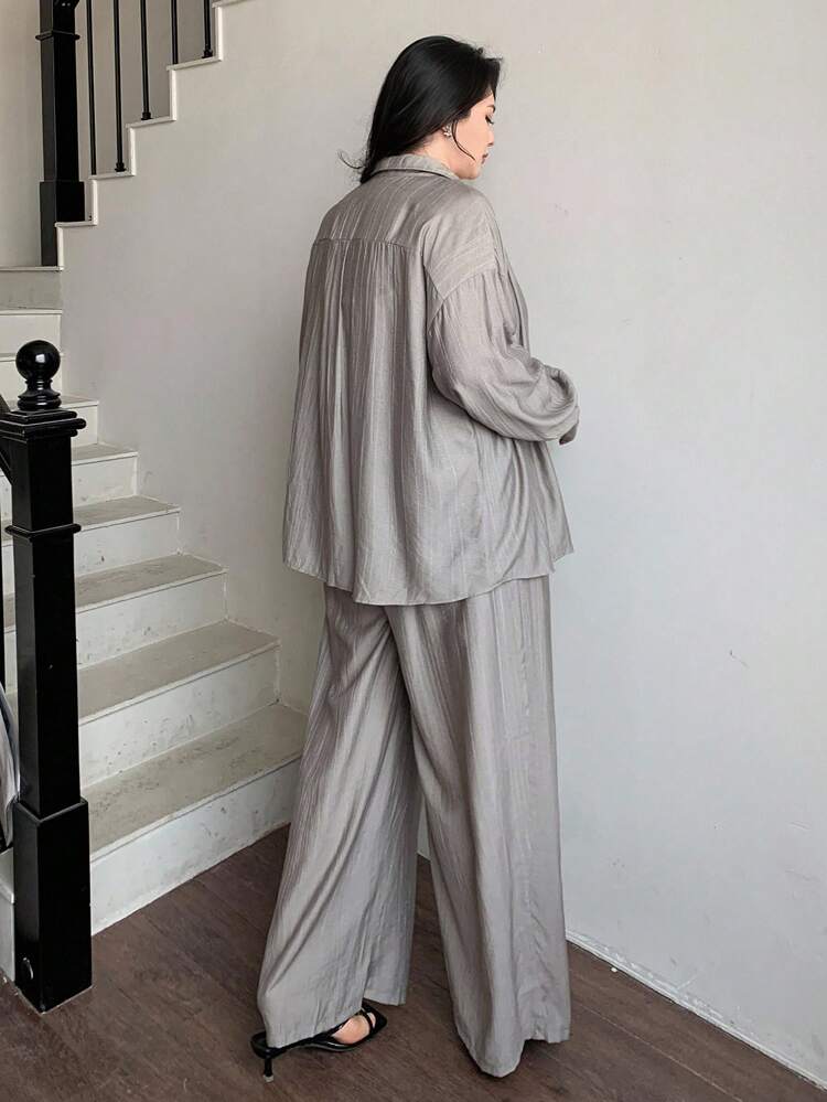 Dazy Plus 2pcs Plus Size Women Business Casual Loose Textured Chiffon Minimalist Suit Set Fall/Winter Lounge Sets For Women