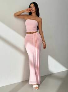 SHEIN PETITE 抹胸网眼上衣和低腰迷你裙套装 - 粉色 - 查看 5