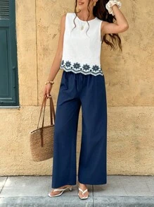 Serisse Two Piece Women's Sleeveless Top And Long Pants Set,  Fashion  Autumn Clothes Summer Casual Blue - Blue - View 1