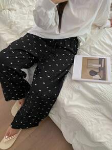 Dazy Plus 大码女式蝴蝶结印花弹力腰宽松休闲睡裤，秋冬款 - 黑色 - 查看 8
