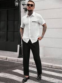 Manfinity Homme 男士纯色简约休闲短袖衬衫和裤子套装，男士两件套，男士两件套，男士夏季服装，男士纯米色亚麻褶皱效果纹理面料短袖单排扣休闲衬衫套装夏季亲肤透气男士夏装 - 彩色 - 查看 3