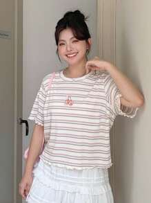 Dazy Plus Cherry Embroidery Striped Crew Neck Fitted Summer T-Shirt
