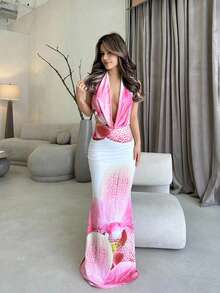 Jemour 女士春夏音乐节深 V 性感豹纹亮片蕾丝紧身挂脖迷你连衣裙 - 粉色 - 查看 1