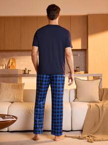 Manfinity Underwear&Sleepwear Basics Men's Casual Plaid Pocket Short Sleeve Top And Pants Pajama Set - Navy Blue - View 2