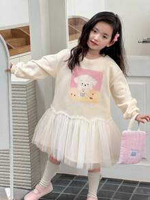 DAZY Young Girls Round Neck Knitted Fleece Printed Contrast Mesh Dress, Fall,Winter - Beige - View 7