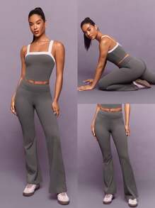 GLOWMODE 31英寸FeatherFit™-Sculpt Power Flare柔软弹力压缩交叉后背紧身裤，高强度跑步、慢跑、训练、健身房、工作室日常运动服 - 深灰色 - 查看 7