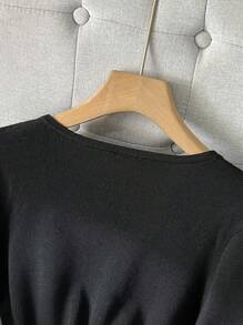 Franclia Metal Decor Notched Neck Fitted Knit Sweater Knit Pullover Fall Winter - Black - View 4