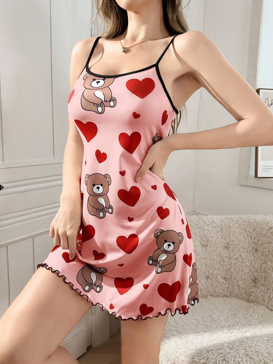 熊与心印花休闲无袖睡袍夏季可爱睡裙睡衣裙可爱睡袍女士睡衣裙泰迪熊睡裙 - 粉色 - 查看 1