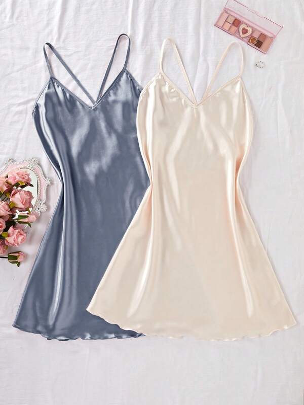 SilkySpell 2-Tone Satin Criss-Cross Strap Women's Nightgown Satin Sleepwear Set Silk Sleepwear Women Lingerie Sleepwear Slip Dress Lingerie Satin Slip Dress Sleepwear Women Silk