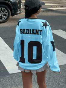 Muchica Women's New V-Neck Casual Sports Letter & Graphic Patchwork Oversized Loose Long Sleeve T-Shirt, White,Fall Tops Oversized Jersey Korean Fashion Jersey Long Sleeve Jersey