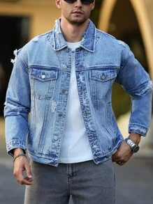 Manfinity Homme 男士休闲破洞修身蓝色牛仔夹克，街头风格 - 中等水洗藍 - 查看 1