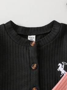 Genkimix Kids 返校季秋季服装两件套，女童可爱小马刺绣休闲罗纹条纹长袖粉色外套搭配黑色返校学院风冬季单品 - 粉色 - 查看 4