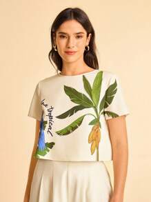 CAJUNI Women's White, Green Palm Tree & Blue Parrot Print Round Neck Short Sleeve Cropped Backless Summer Vacation Beach Casual Top - Multicolor - View 6