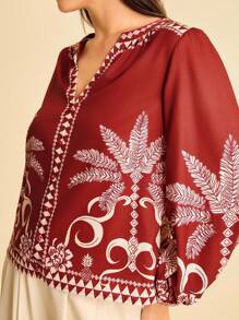 CAJUNI Women's Tropical Print V-Neck Casual Long Sleeve Shirt - Red - View 7