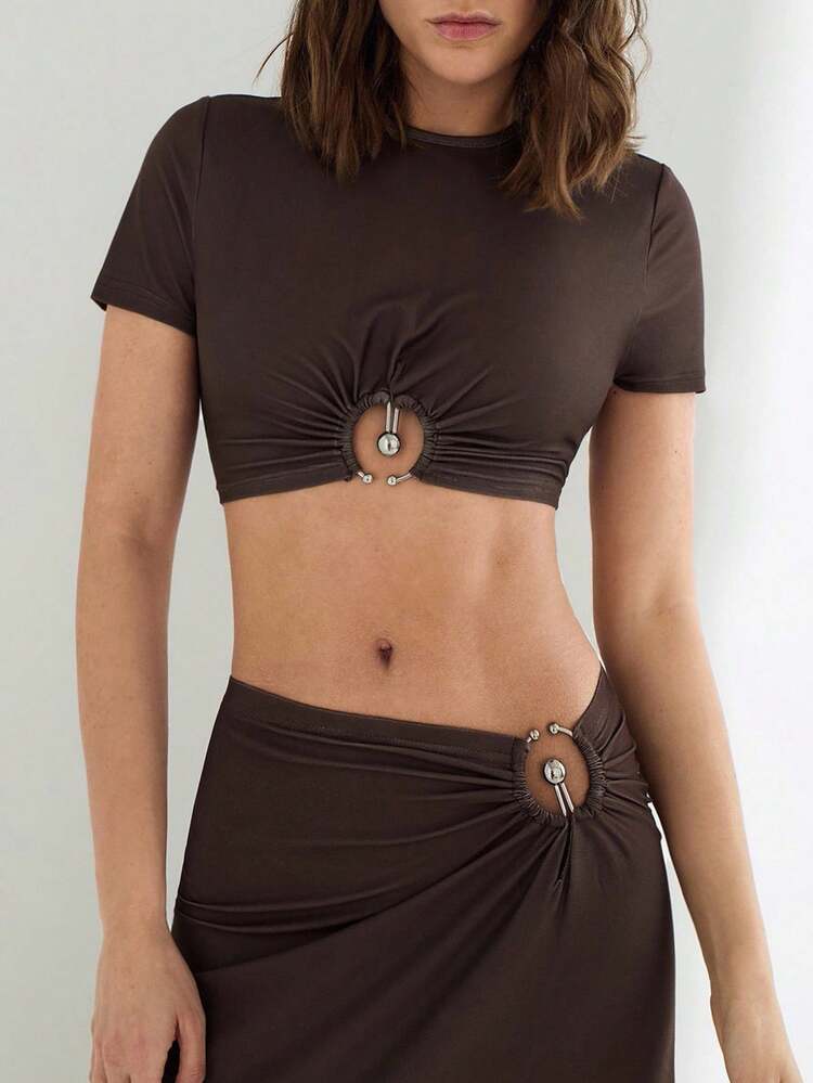 SHEIN Maija Women Summer 2 Pieces Set, Solid Color Round Neck Hollow-Out Shirred Details Short Sleeve Cropped Top And Ombre Color Midi Skirt, Elegant And Fashionable, Versatile For Casual, Holiday, Party, Festival