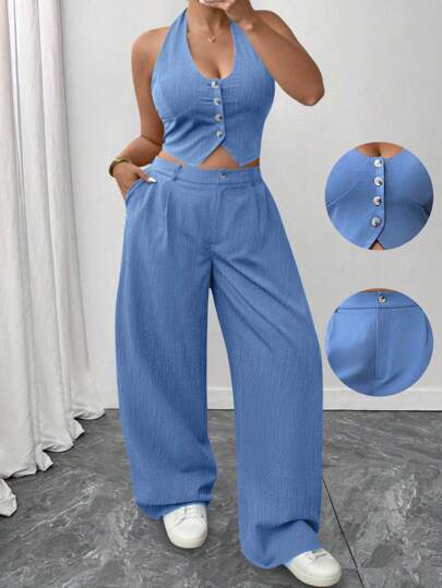 SHEIN PETITE Set de 2 piezas talla grande: Top con botones frontales de unicolor y espalda descubierta y pantalones rectos con bolsillos