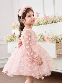 SHEIN 女婴 3D 蝴蝶结编织公主袖连衣裙，适合聚会、派对、郊游等场合
