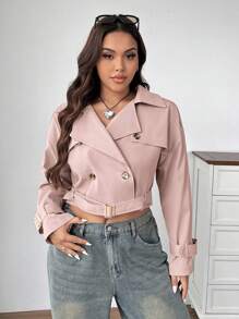 SHEIN EZwear Áo khoác trench coat cổ bẻ màu đen cỡ lớn - Bụi hồng - Xem 6