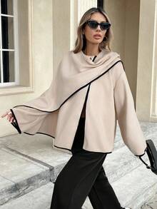 Serisse 女士休闲落肩羊毛大衣，带围巾领，保暖，适合秋季、冬季、新年、派对、婚礼、毕业典礼等场合，优雅休闲，领口设计大衣 - 杏色 - 查看 3