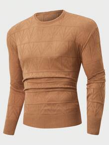 EURMUSE Men Rib Knit Geometrical Pattern Crew Neck Regular Sweater - Camel - View 7