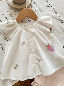 SHEIN LMoss Kids 新生女宝宝花卉刺绣短袖上衣和米色短裤套装，夏季女宝宝服装，女宝宝夏季两件套，复古风格花卉套装 - 彩色 - 查看 6