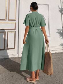 EURMUSE 荷叶边袖圆领纽扣连衣长裙（配贝壳腰带）