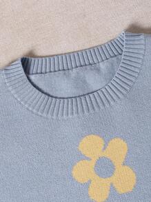 SHEIN 秋冬款女童花卉图案圆领长袖毛衣 - 霧霾藍 - 查看 6