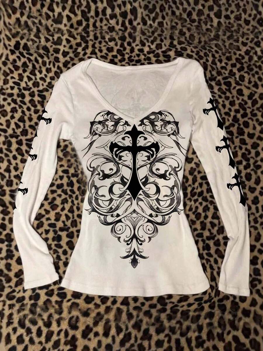 Attitoon 女式 V 领休闲简约朋克十字印花修身舒适白色长袖 T 恤，适合机场穿着的百搭上衣，Y2K 风格秋冬 - 白色 - 查看 1