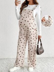 SHEIN Fall Clothes,Autumn Clothes,Maternity Autumn Clothes Maternity Maternity Casual Collegiate Style All-Over Print Adjustable Strap Jumpsuit Maternity Overalls Pregnancy Overalls Maternity Jumpsuits Pregnancy Jumpsuits Maternity Clothes - Khaki - View 6
