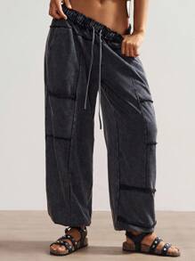 Bohemela Women's Casual Solid Color Knit Loose Drawstring Sweatpants - Black - View 2