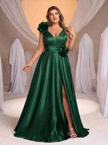 Glamrae 加大码优雅奢华缎面褶皱 V 领 3D 花卉装饰高开衩超大 A 字裙，适合婚礼、派对、毕业典礼、节日、正式场合（重度装饰） - 墨綠色 - 查看 6