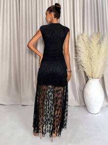 Lavishia Women's Sleeveless Long Lace Dress, Suitable For Wedding Occasions, Spring/Summer - Black - View 2