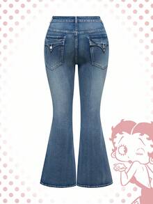 Betty Boop | ROMWE Spring/Summer Plus Size Heart & Figure Embroidered Flare Jeans - Blue - View 2