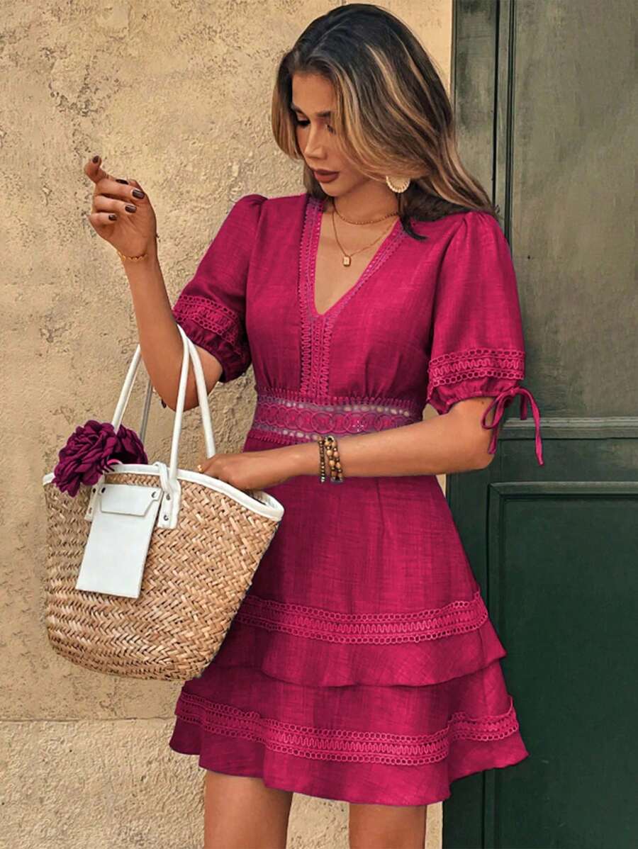 Breezaya 女式夏季纯色蕾丝V领泡泡袖休闲连衣裙