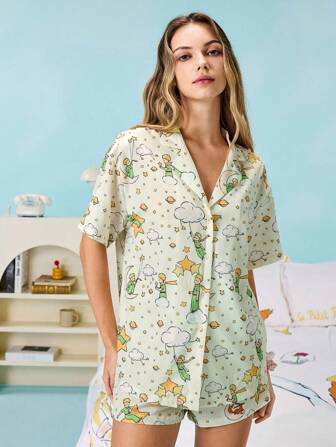LE PETIT PRINCE X SHEIN 女士舒适卡通图案短袖上衣和短裤睡衣套装，夏季