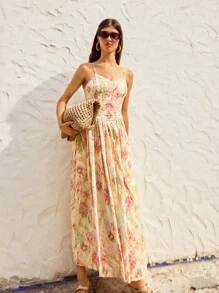 Maija 女士优雅扎染镂空刺绣吊带裙，夏季夏季连衣裙中长款太阳裙长款太阳裙长款花园派对连衣裙度假服夏季连衣裙女士橙色连衣裙女士服装露肩连衣裙花朵连衣裙 Fairycore 婚礼宾客礼服女士优雅生日礼服女士生日服装波西米亚风女装波西米亚风女装露肩飘逸连衣裙 - 黃色 - 查看 11