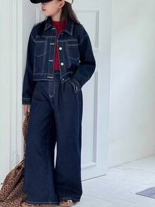 DAZY 青少年女孩休闲长袖纽扣上衣和阔腿牛仔裤两件套秋冬 - 藍色 - 查看 6