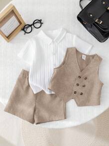 SHEIN 2pcs/Set Baby Boy/Girl Summer Casual Korean Style Khaki Double-Breasted Vest And Shorts Set, Suitable For Birthday Party, Evening Party, Performance, Wedding, Baby Shower, 1st Birthday Celebration Fall Winter