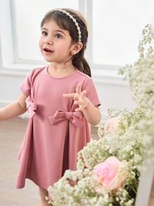 Babygirl 优雅可爱粉色蝴蝶结短袖宽松连衣裙 - 粉色 - 查看 7