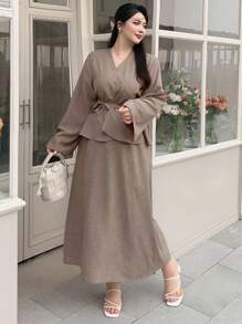 Dazy Plus Bộ 2 chiếc áo buộc dây eo và chân váy đuôi cá cỡ lớn dành cho nữ, phù hợp cho mùa xuân, hè, thu - Màu Khaki - Xem 5