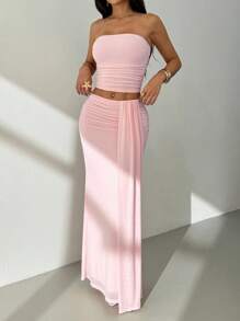 SHEIN PETITE 抹胸网眼上衣和低腰迷你裙套装 - 粉色 - 查看 4